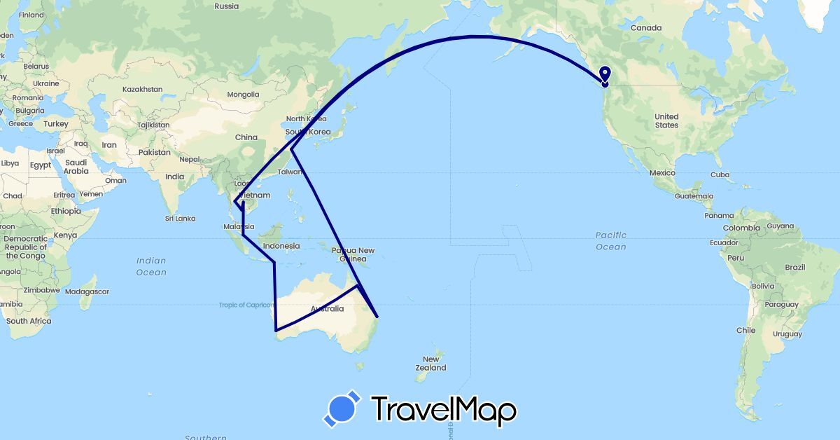 TravelMap itinerary: driving in Australia, Canada, China, Indonesia, Cambodia, South Korea, Thailand (Asia, North America, Oceania)